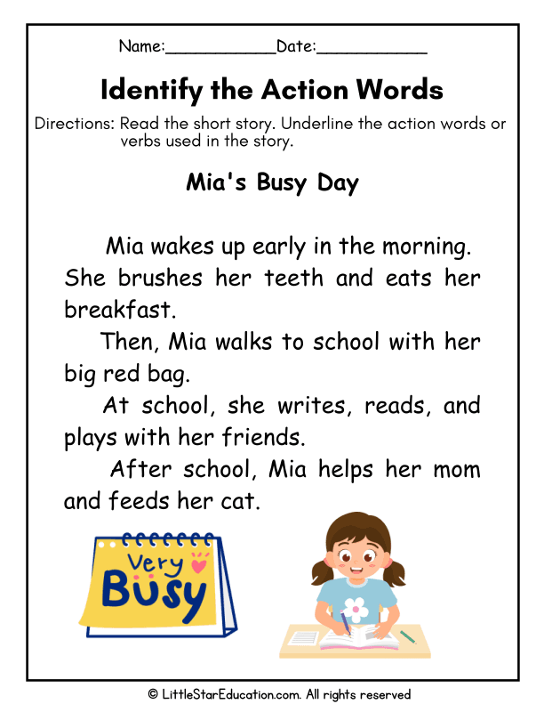 Identifying Verbs Through Reading Passages for Grade 1 ELA