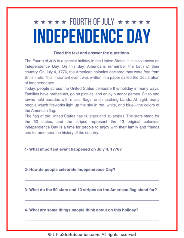 Independence Day Reading Comprehension for Elementary Social Studies