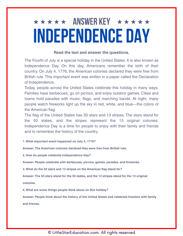 Independence Day Reading Comprehension for Elementary Social Studies