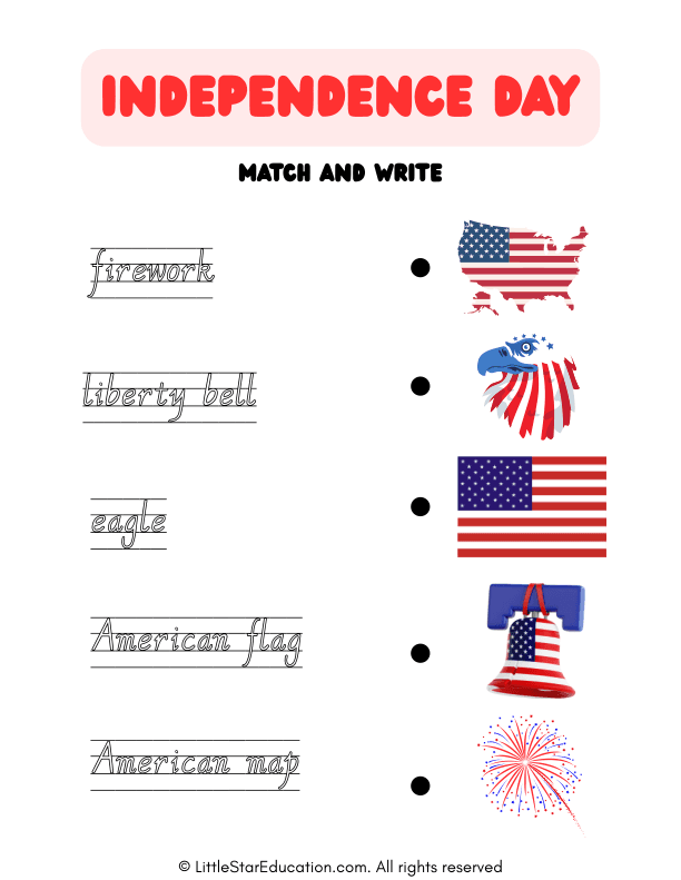 Independence Day Symbols Matching and Writing for Early Learners