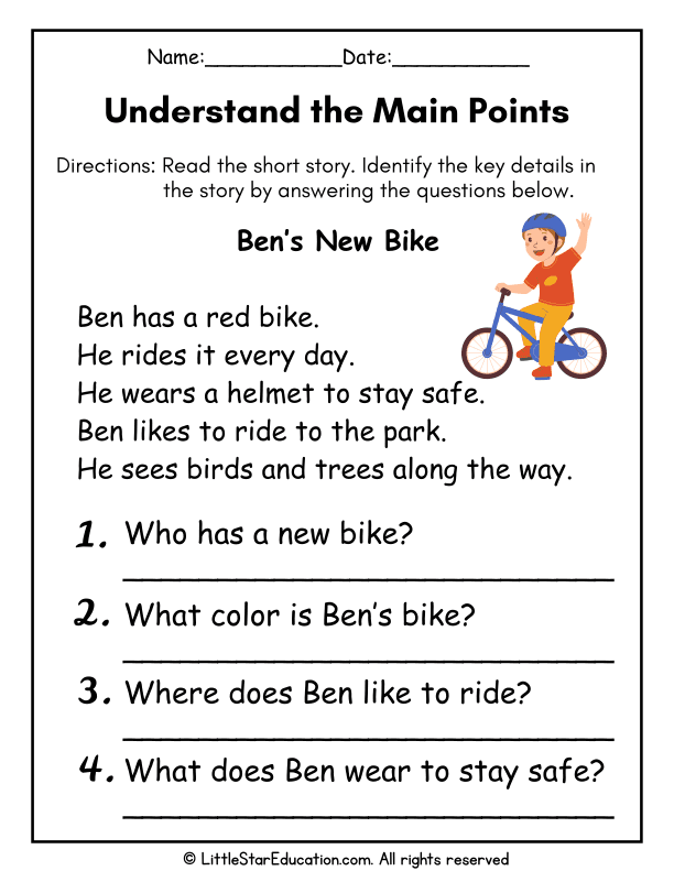 Key Details and Main Idea Practice for First Grade Reading