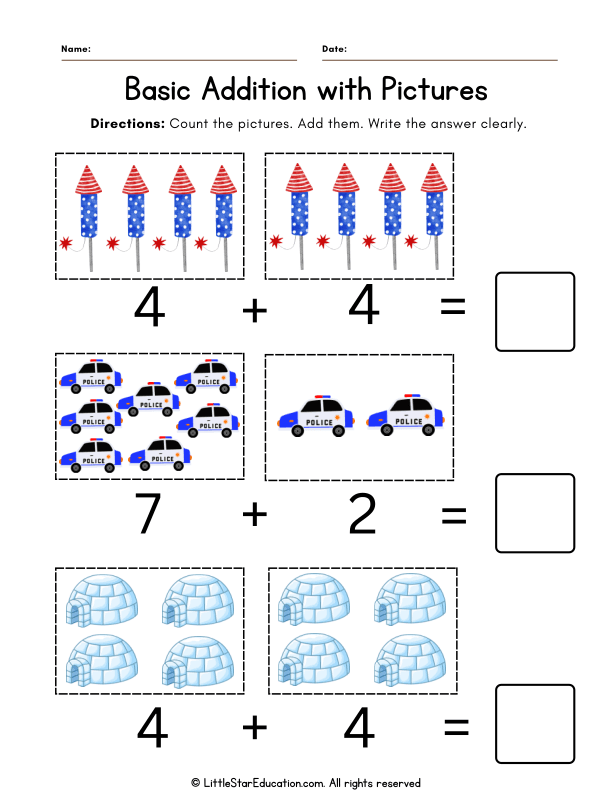 Kindergarten Basic Addition with Pictures for Early Math Skills