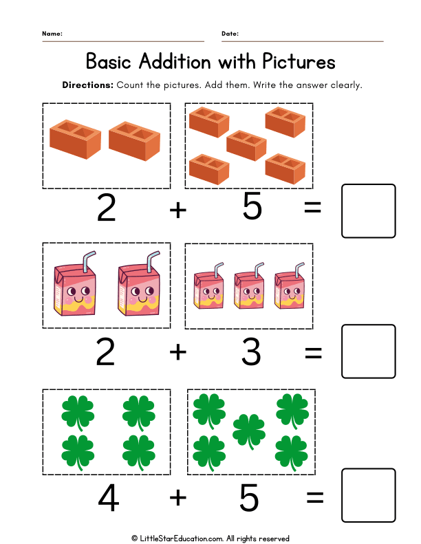 Kindergarten Basic Addition with Pictures for Early Math Skills