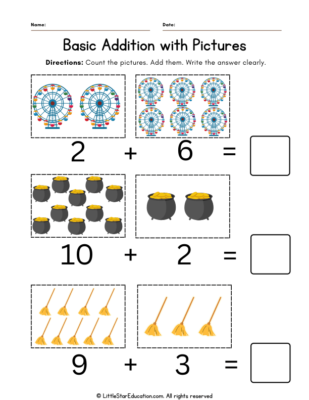 Kindergarten Basic Addition with Pictures for Early Math Skills