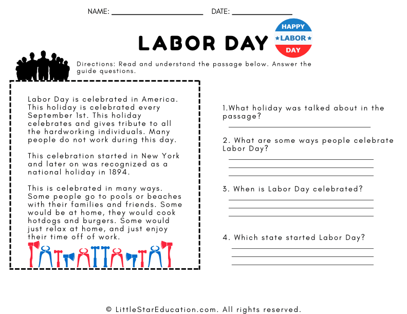 Labor Day Reading Comprehension for Elementary Social Studies