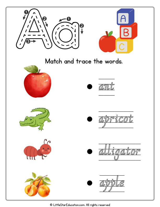Letter A Word Matching and Tracing Worsheet