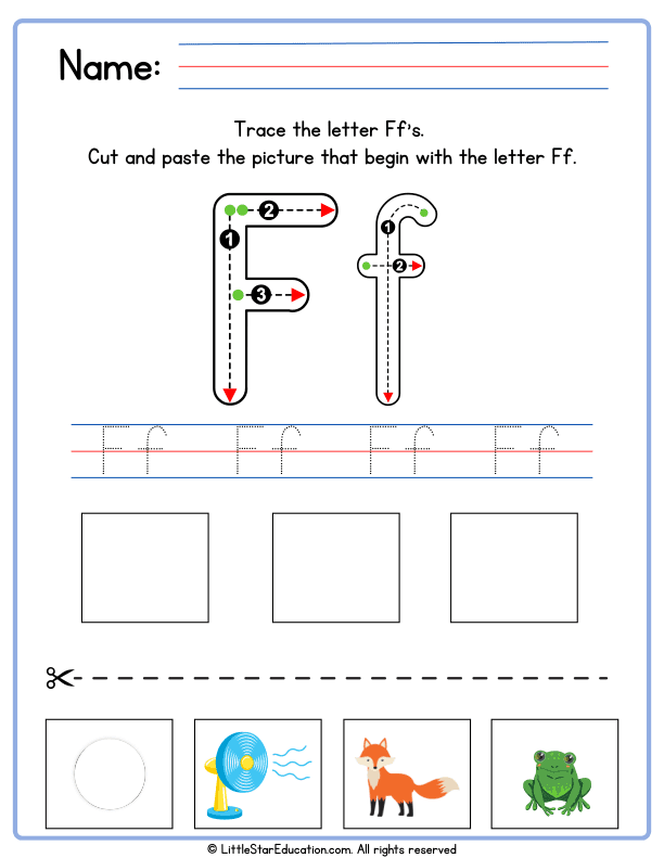 Letter F Tracing and Beginning Sounds Cut-and-Paste Worksheet