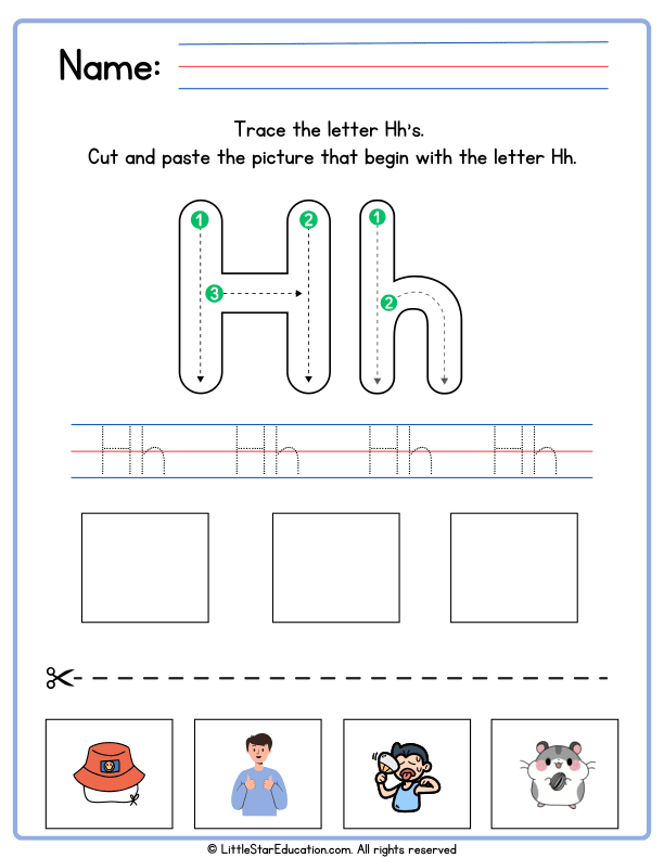Letter H Tracing and Beginning Sounds Cut-and-Paste Worksheet