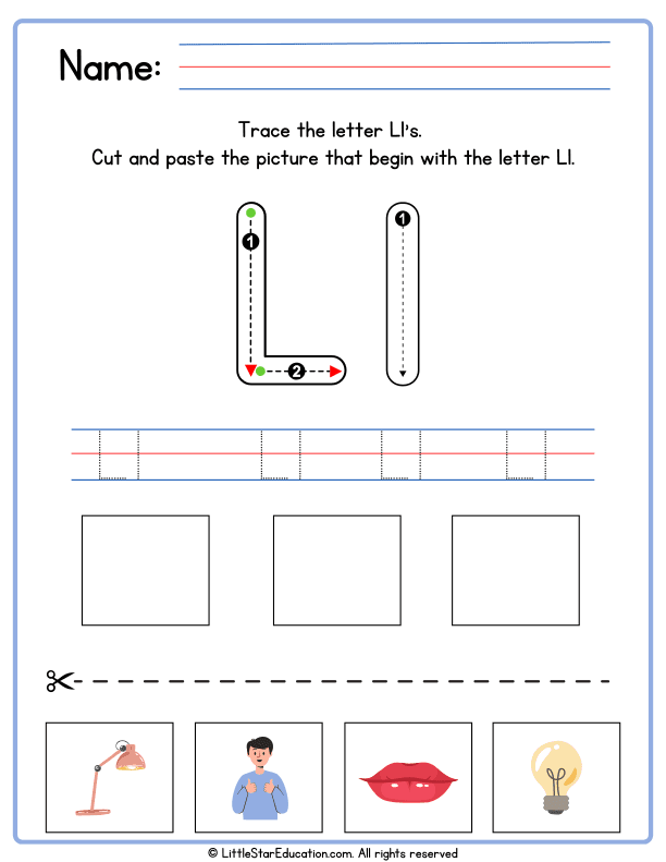 Letter L Tracing and Beginning Sounds Cut-and-Paste Worksheet