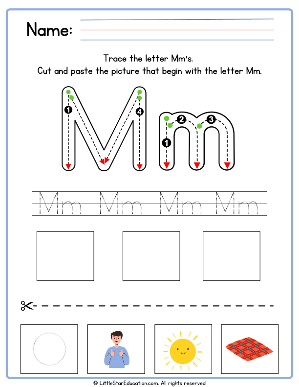 Letter M Tracing and Beginning Sounds Cut-and-Paste Worksheet
