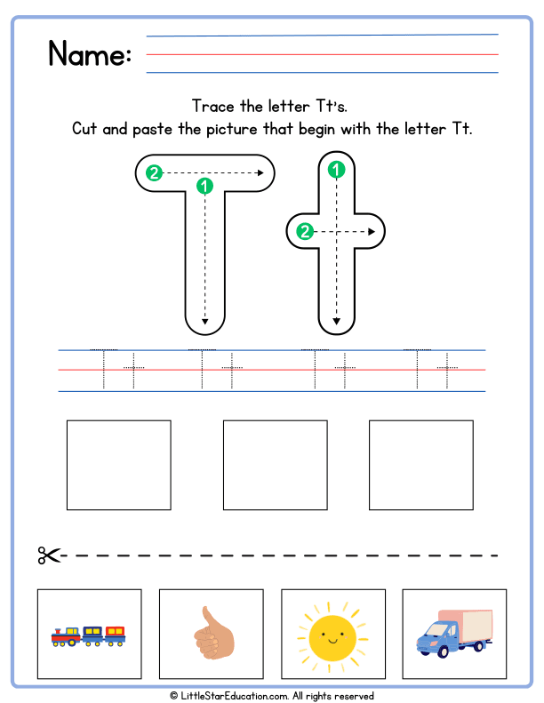 Letter T Tracing and Beginning Sounds Cut-and-Paste Worksheet