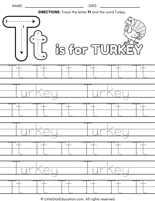 Letter T Tracing and Turkey Word Practice for Early Learners