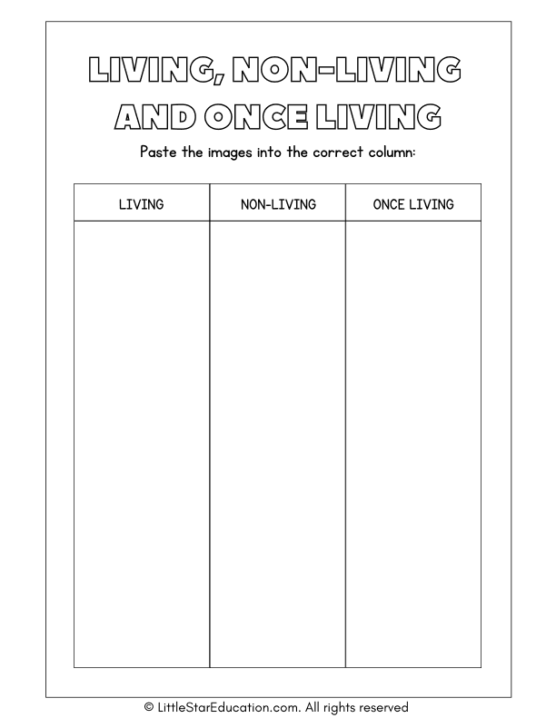 Living, Non Living and Once Living Science Worksheet