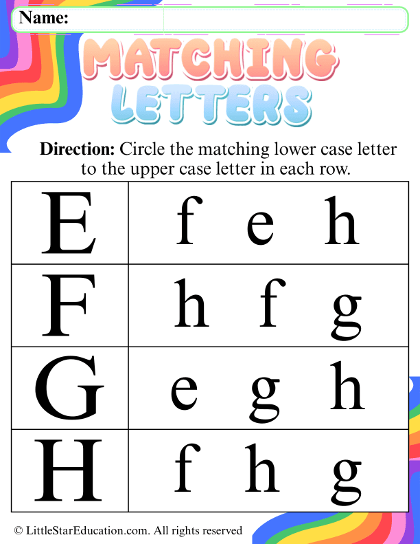 Lowercase Letter Recognition: Match Letters E to H for Early Learners