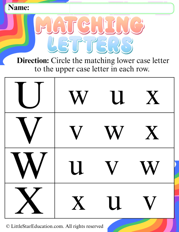 Lowercase Letter Recognition: Match U to X for Early Learners