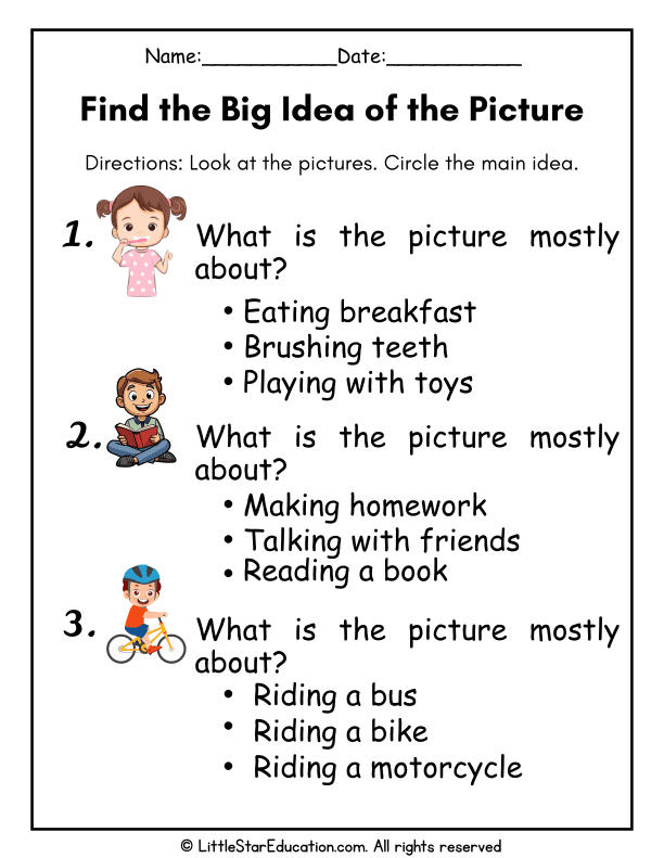 Main Idea Practice for 1st Grade Reading Comprehension Skills