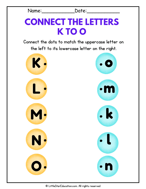 Matching Uppercase and Lowercase Letters K to O for Early Learners