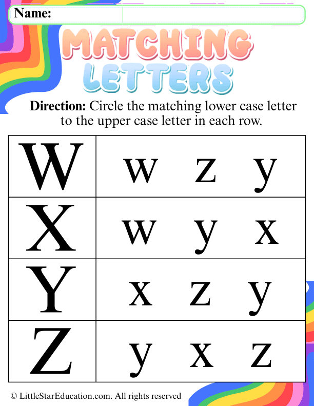 Matching Uppercase and Lowercase Letters W-Z for Early Learners