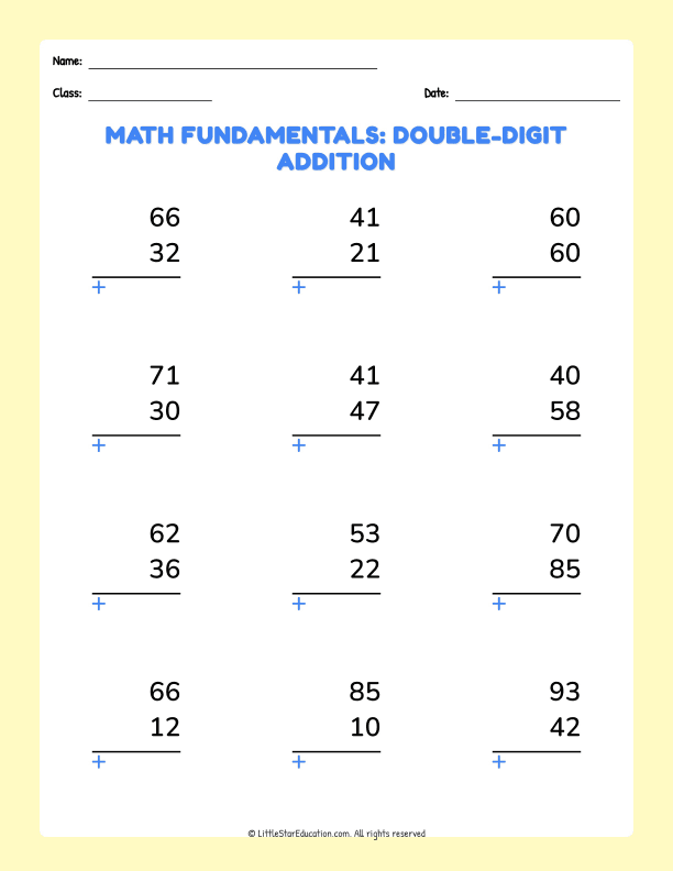 Math Fundamentals Double Digit Addition Basic