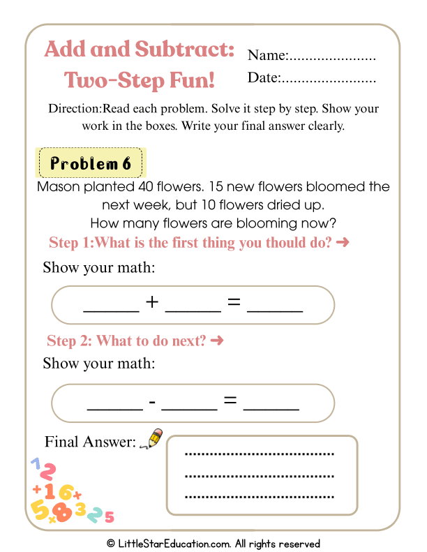 Math Practice: Two-Step Word Problems (1st–2nd Grade)