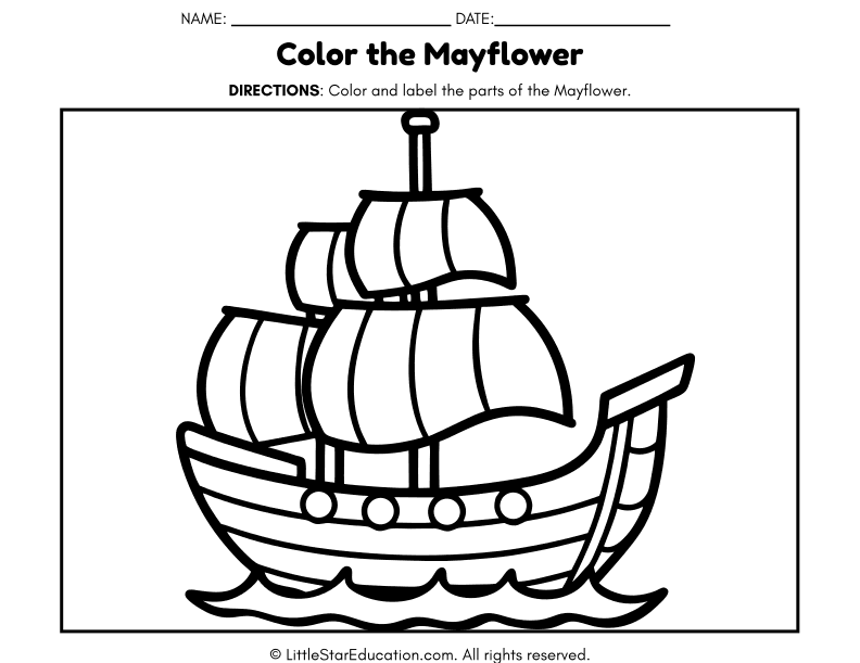 Mayflower Ship Coloring and Labeling for Early Elementary Social Studies