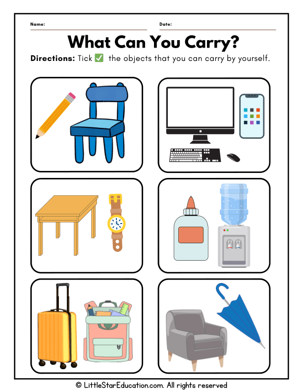 Measurement for Kindergarten: Identifying Objects You Can Carry