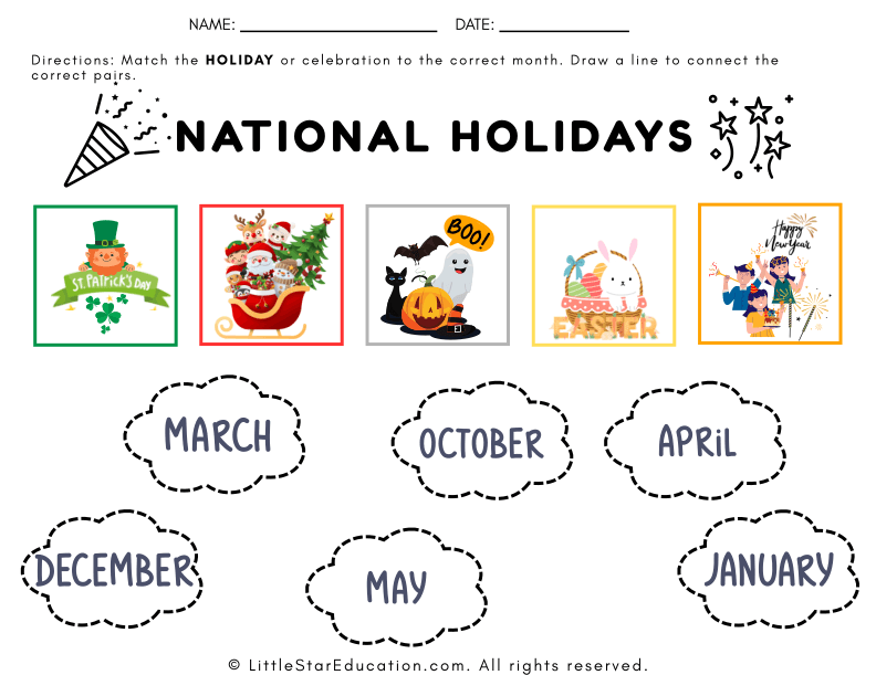 National Holidays and Months Matching for Elementary Social Studies