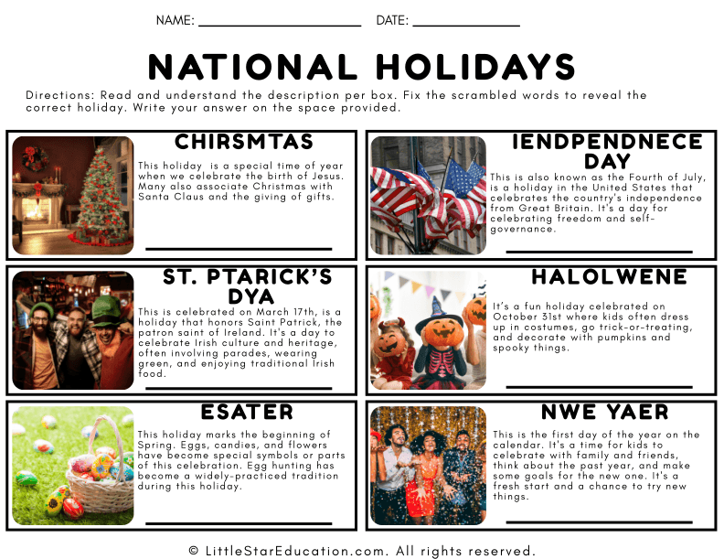 National Holidays Word Scramble: Social Studies for Early Elementary