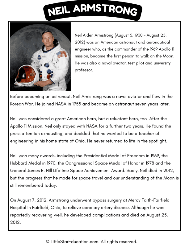 Neil Armstrong Reading Comprehension for Elementary ELA