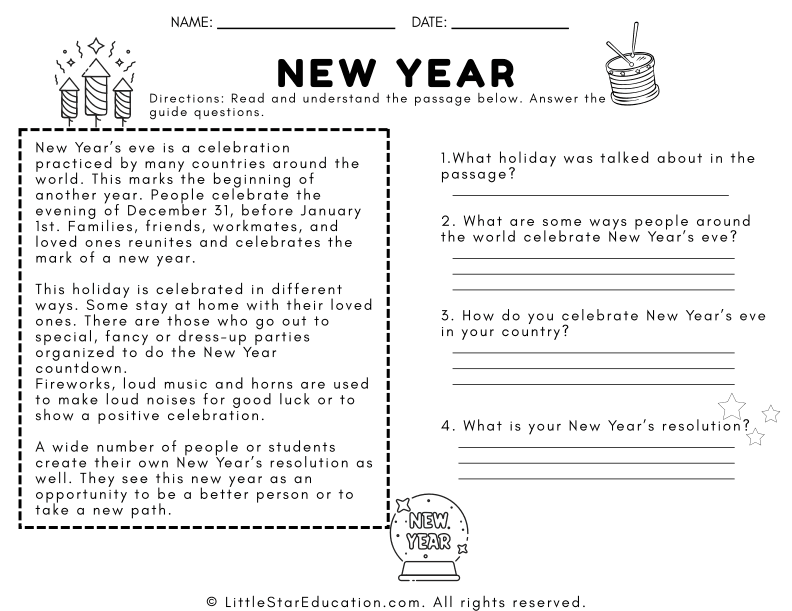 New Year’s Eve Reading Comprehension Passage for Grade 2