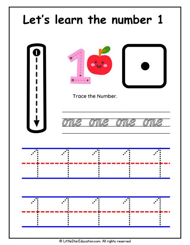 Number 1 Tracing and Recognition Practice for Preschool Math