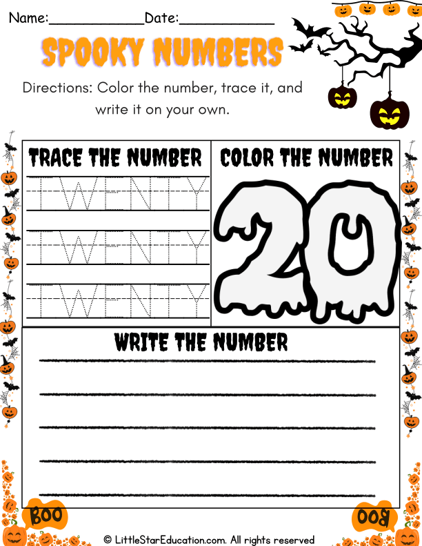 Number 20 Coloring, Tracing, and Writing Practice for Pre-K Math