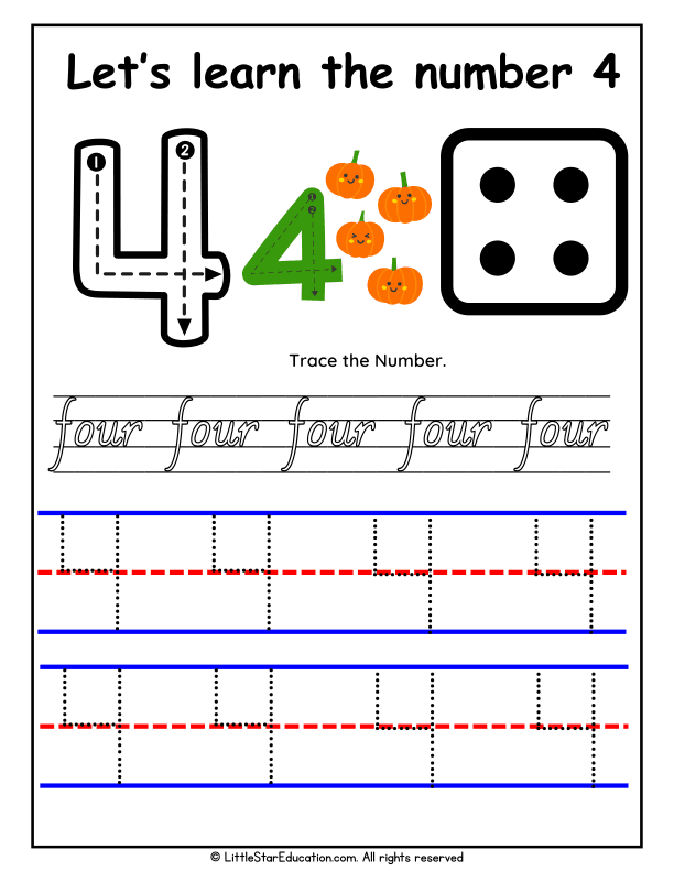 Number 4 Tracing and Recognition Practice for Preschool and Kindergarten