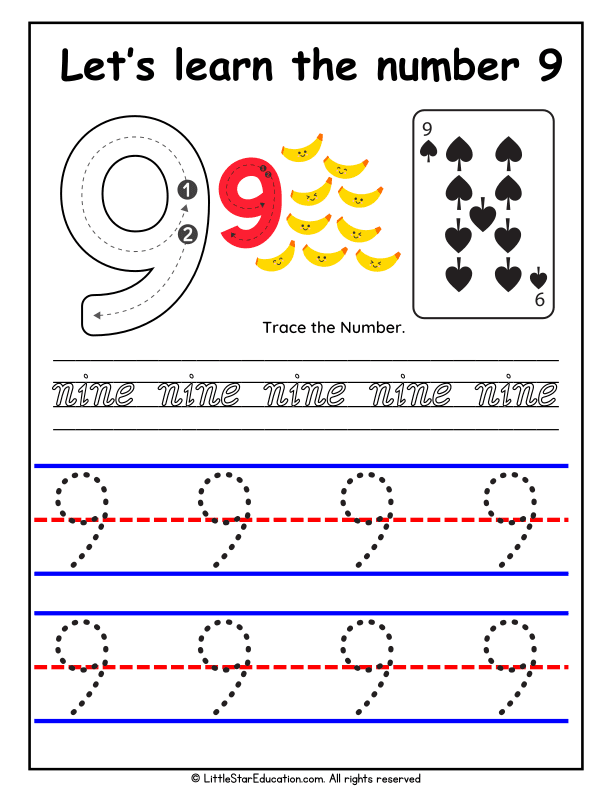 Number 9 Tracing and Recognition Practice for Preschool Math