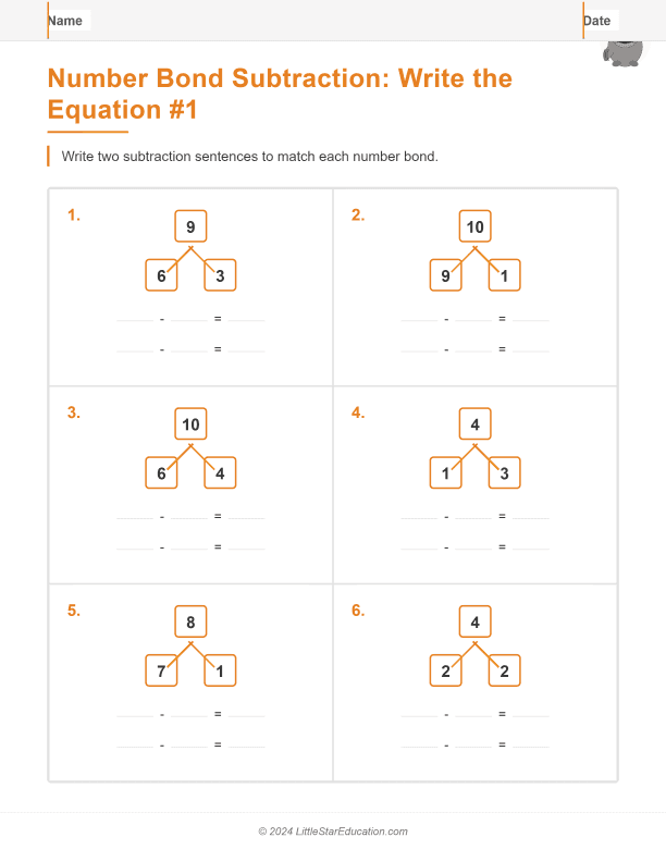 Number Bond Subtraction Write the Equation within 10
