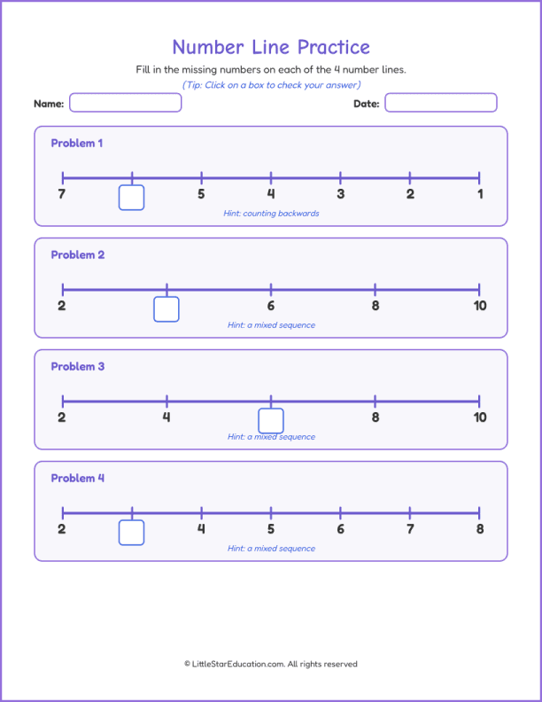 Number Line Worksheet 1 to 10 with Answer Keys