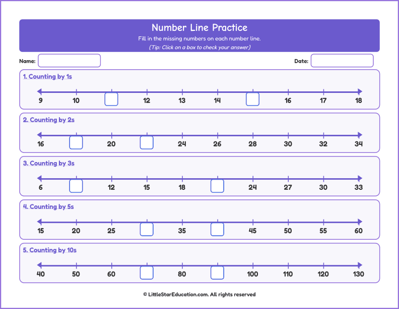 Counting Forward -Number Line Worksheet up to 100 with Answer Keys
