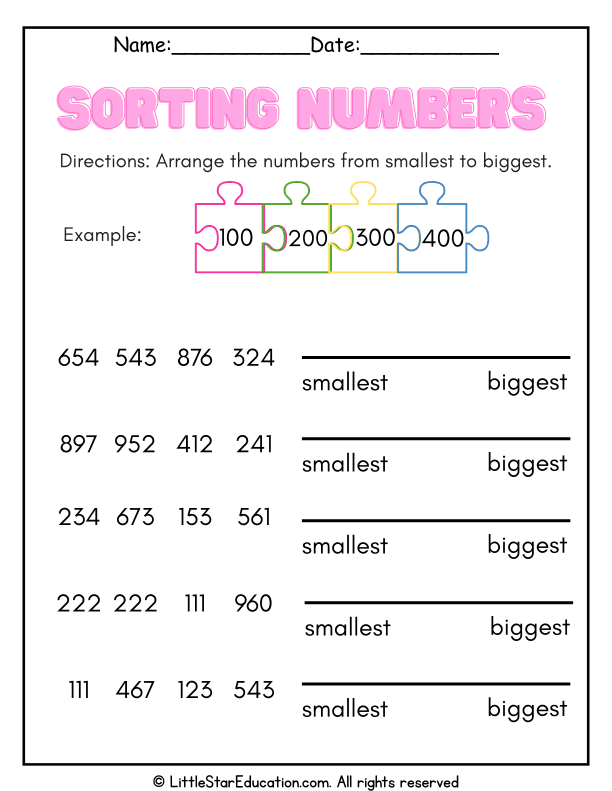 Number Order Practice: Arrange Numbers from Least to Greatest for Grades 1-2