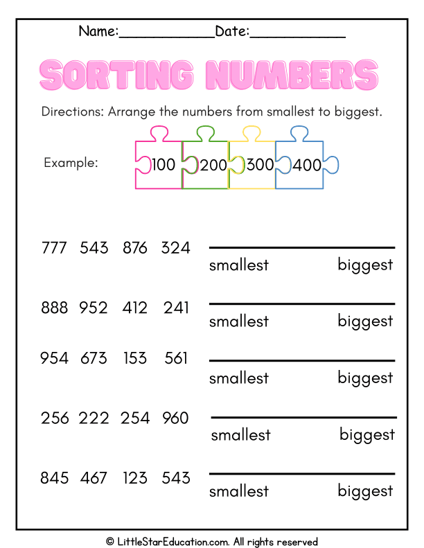 Number Ordering Practice: Arrange Numbers from Smallest to Biggest