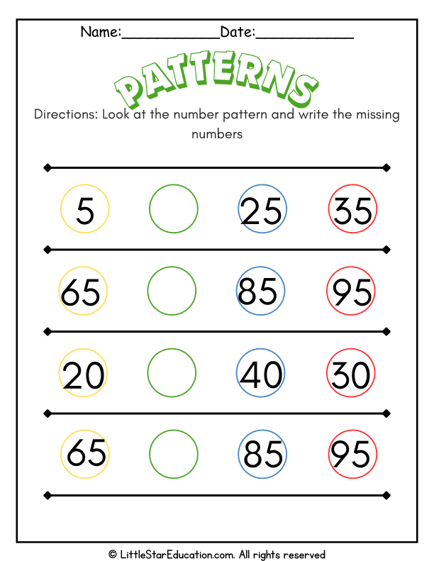 Number Patterns and Missing Numbers Practice for Grade 1-2 Math