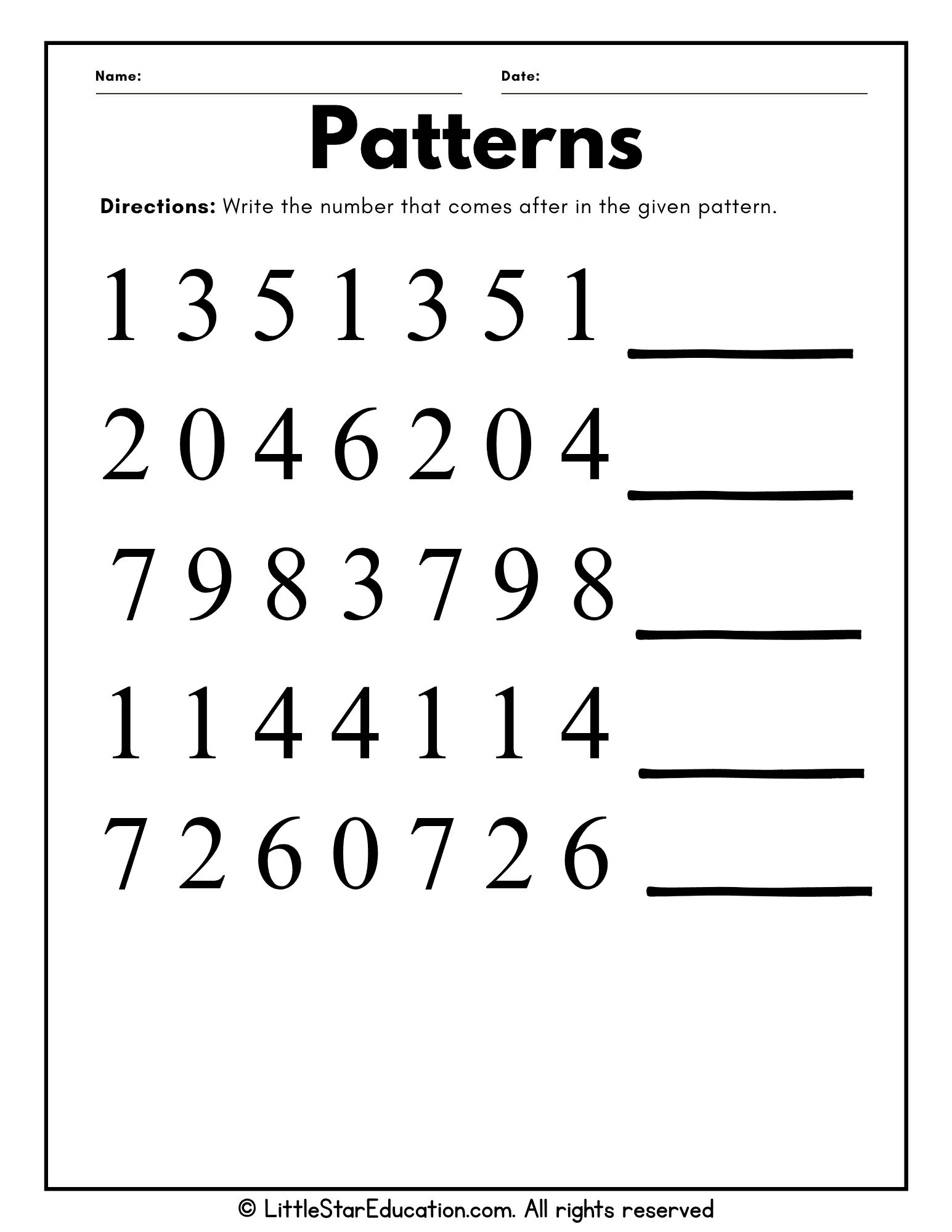 Number Patterns Worksheet for Kindergarten and Grade 1 – Fill in the Missing Number