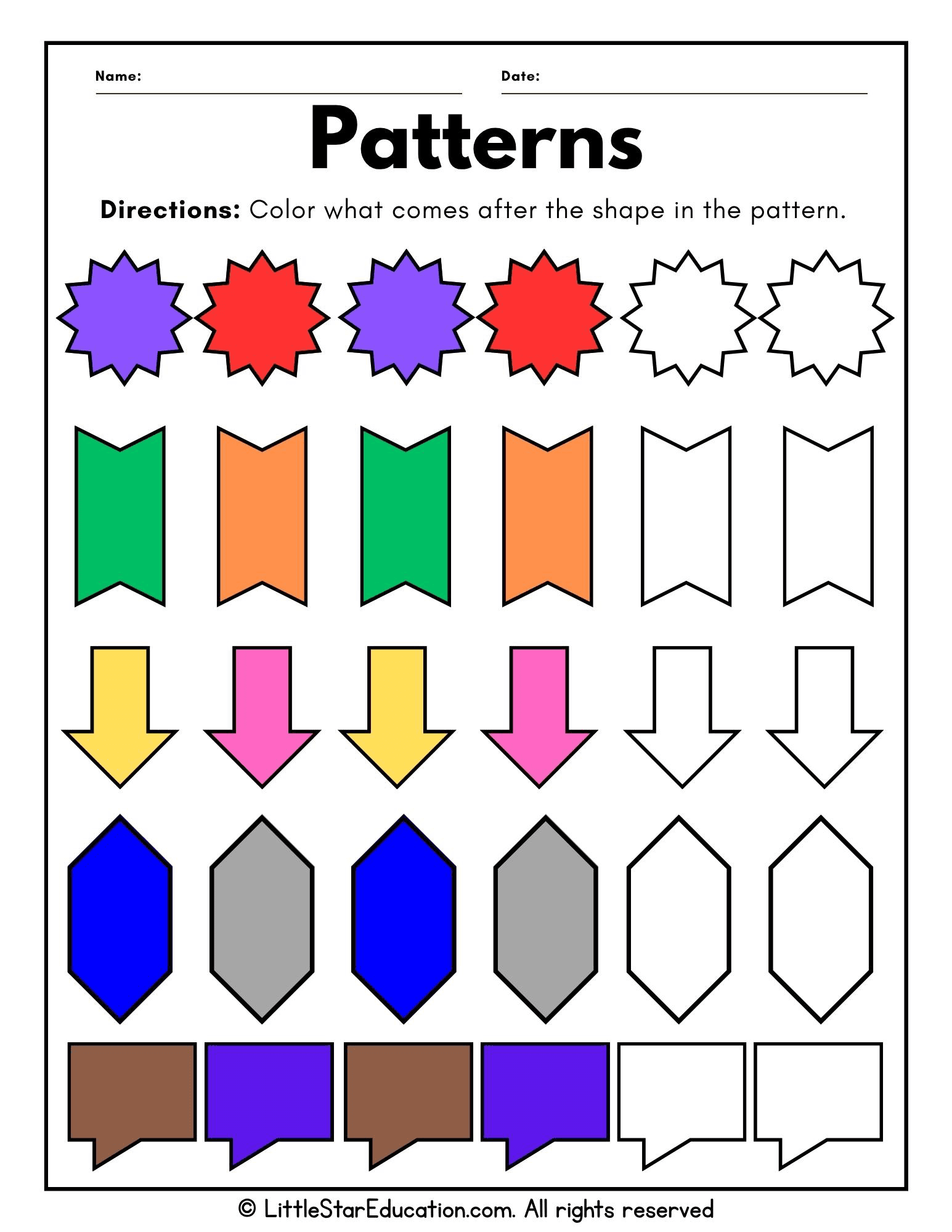 Patterns  Practice Page for Early Elementary Math Skills