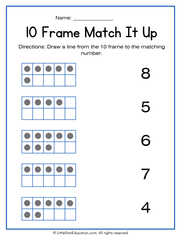 Numbers and Counting 10 Frames Matching Game Worksheet