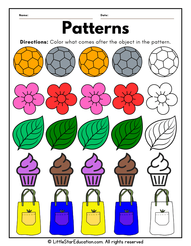 Object Patterns Practice: Color the Next Shape for Preschool Math