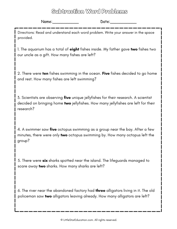 Ocean Animal Subtraction Word Problems for First Grade Math