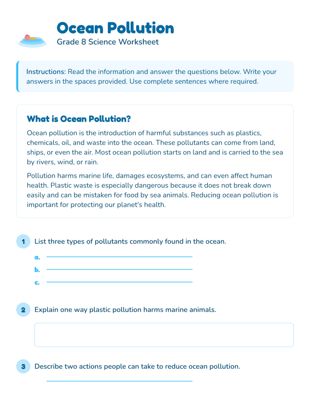Ocean Pollution Causes and Solutions Reading for Grade 8 Science