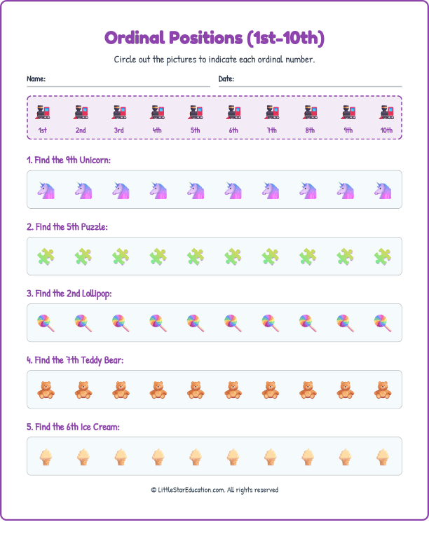 Ordinal Positions Worksheets with Answers: (1st-10th)