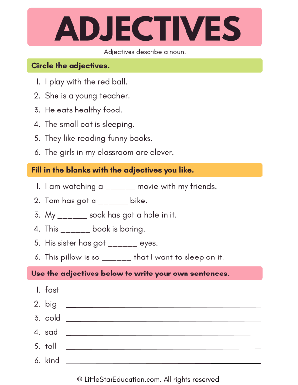 Parts of Speech Adjectives English Grammar Worksheet