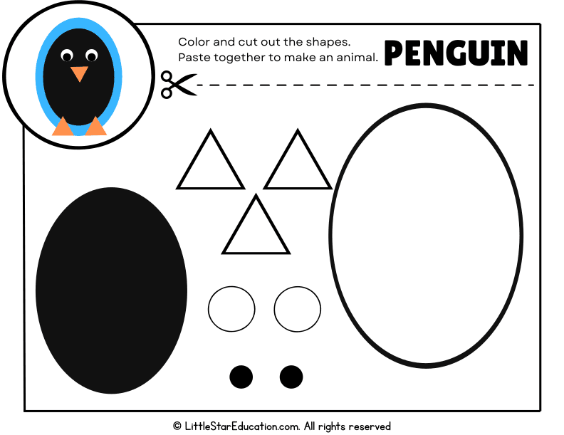 Penguin Art Project: Cut, Color, and Glue Shapes for Preschool Kids