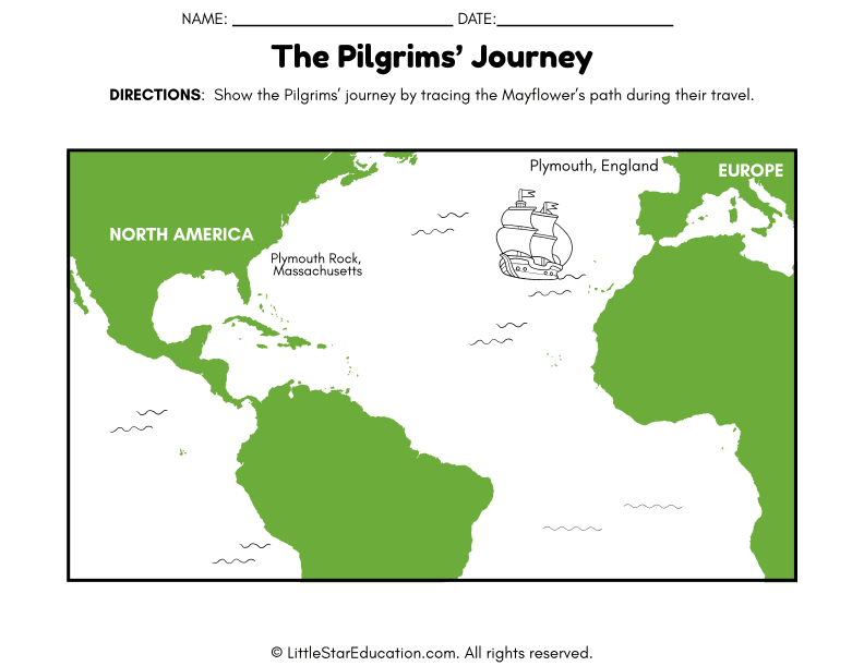 Pilgrims’ Mayflower Voyage Map Tracing for Social Studies